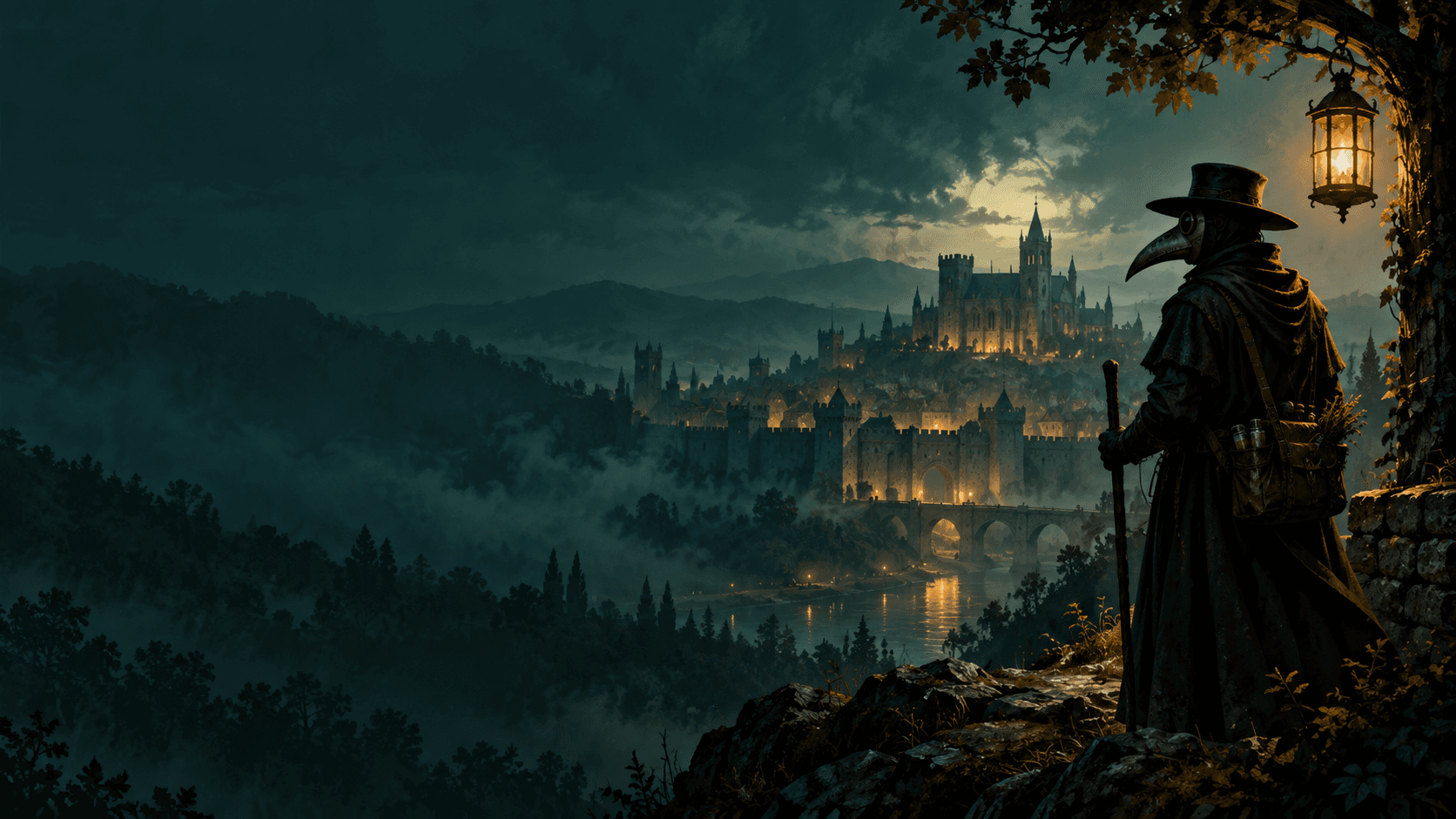 Illustration of a plague doctor overlooking a sanctuary